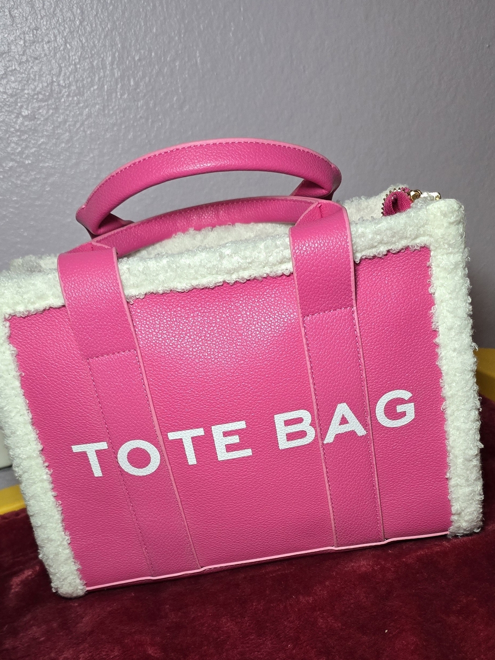 Pink Tote Bag with Shearling Trim